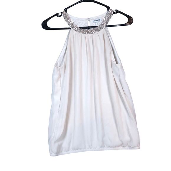 Express Womens Blouse Champagne Bejeweled High Neck Flowy Sleeveless Small - Picture 1 of 12